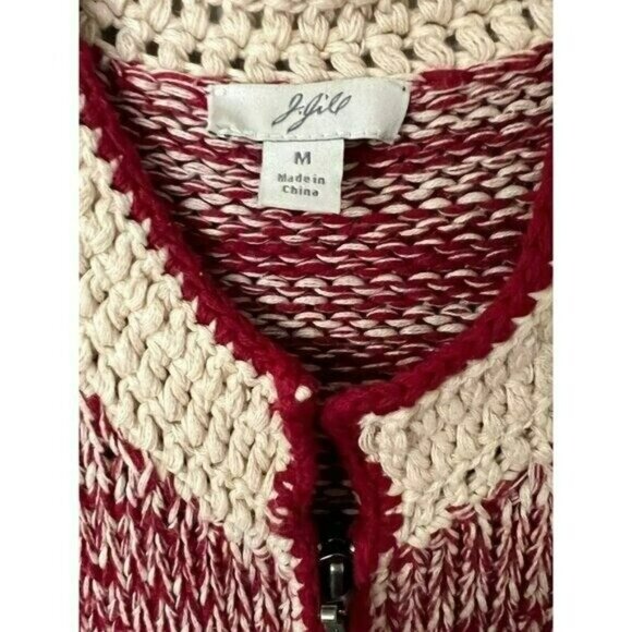 J.Jill‎ Cardigan M Women's Sweater Red Full Zip Warm Crochet Knit Cotton - Picture 3 of 6